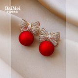 Lianfudai Christmas gifts ideas Fashion Christmas Stud Earrings for Women Girl Red Pearl Crystal Bowknot Earrings Jewelry Drop Shipping Gift