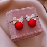 Lianfudai Christmas gifts ideas Fashion Christmas Stud Earrings for Women Girl Red Pearl Crystal Bowknot Earrings Jewelry Drop Shipping Gift