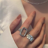 Lianfudai European Silver Color Metal Transparent Rectangular Wave Ring Irregular Geometric Open Finger Rings for Wome Fashion Jewelry