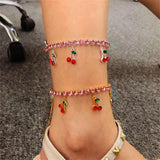 Lianfudai easter gifts for women Boho Anklet Foot Pink-Crystal Chain Summer Bracelet Crystal Cherry Charm Sandals Barefoot Beach Foot Bridal Jewelry A018