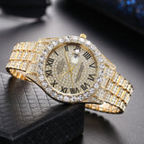 Lianfudai father's day gifts New Luxury Men's Watch Calendar Full Diamond Face Roman Scale Alloy Steel Band Watch Fashion Star Hip-hop Watch for Men