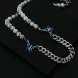 Lianfudai easter gifts for Women Men Enamel Alloy Blue Butterfly Necklace Simple Design White Color Turquoise Beads Crystals Chain Necklaces Jewelry