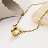 Lianfudai easter gifts for women  Freshwater Pearl Pendant Necklaces Women Stainless Steel Jewelry Round Spring Clasp Sailor Buckle 18k Gold  Chain Accessories