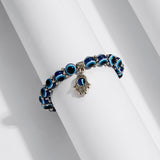 Lianfudai Fashion Silver Color Blue Evil Eye Hamsa Hand Fatima Palm Bracelets for Women Bead charm bracelet Ethnic style Handmade Jewelry