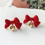 Lianfudai Christmas gifts ideas Red Style Charm Circle Pearl Drop Earrings Love Heart Bow Earrings For Women Girls Party Gift Korean Fashion Wedding Jewelry