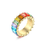 Lianfudai Dainty Rainbow Ring Multi Color Crystal Eternity Square Baguette Finger Ring Women Female Wedding Jewelry  Wholesale