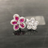 Lianfudai Red White Zircon Double Flower Rings for Women  Delicate New Fashion Jewelry Ring Adjustable Statement Bijoux Gifts