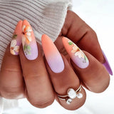 Lianfudai 24Pcs Almond False Nails with Flower Design Long Round Head Fake Nails Orange Gradient Wearable Press on Nails Finished Nail Tip