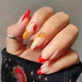 Lianfudai Almond False Nails 24Pcs Press On Nails Color Flower Printed Red and Yellow Autumn Manicure Nail Tips Full Cover Free Shipping