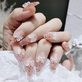 Lianfudai Autumn French False Nails with Butterfly Pearl Decor Bride Fake Nail Wearable Press on Nails Coffin Ballet Nail Tips for Girls