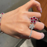 Lianfudai Red White Zircon Double Flower Rings for Women  Delicate New Fashion Jewelry Ring Adjustable Statement Bijoux Gifts