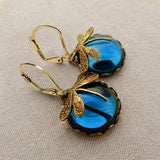 Lianfudai Vintage Metal Dragonfly Earrings Inky Blue Moonstone Brass Glass Cabochon Vintage Victorian Gifts for Women