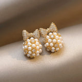 Lianfudai gifts for her Gold Pearl Stud Earrings For Woman Korean Fashion Mermaid Bowknot Bee Heart Long Jewelry Wedding Girl's Sweet Accessories
