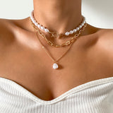 Lianfudai Vintage Baroque Pearl Heart OT Buckle Pendant Necklace for Women Wedding Bridal Bead Chain Neck Accessories Jewelry New