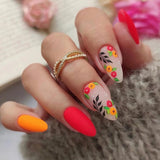 Lianfudai Almond False Nails 24Pcs Press On Nails Color Flower Printed Red and Yellow Autumn Manicure Nail Tips Full Cover Free Shipping