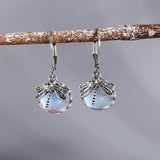 Lianfudai Vintage Metal Dragonfly Earrings Inky Blue Moonstone Brass Glass Cabochon Vintage Victorian Gifts for Women