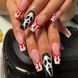 Lianfudai - 24Pcs Halloween False Nails Long Ballet Fake Naile with Ghost Spider Web Design Coffin Press on Nails Wearable Manicure Tips