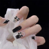 Lianfudai 24Pcs Black Bow Detachable Fingernails Ballerina Wearable Fake Nails Press on Square Head False Nails Full Cover Nail Tips