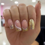 Lianfudai 24Pcs Mid-length Square Head False Nails Wearable French Fake Nails Simple Glitter Press on Nails Full Cover Nail Tips Manicure