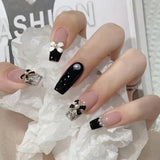 Lianfudai Autumn French False Nails with Butterfly Pearl Decor Bride Fake Nail Wearable Press on Nails Coffin Ballet Nail Tips for Girls