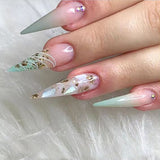 Lianfudai 24Pcs Long Stiletto False Nails with Glue Almond Fake Nails with Gold Foil Gradient Green Full Cover Nail Tips Press on Nails