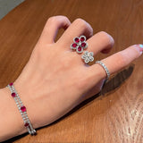 Lianfudai Red White Zircon Double Flower Rings for Women  Delicate New Fashion Jewelry Ring Adjustable Statement Bijoux Gifts