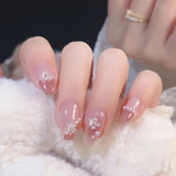 Lianfudai Autumn French False Nails with Butterfly Pearl Decor Bride Fake Nail Wearable Press on Nails Coffin Ballet Nail Tips for Girls