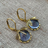 Lianfudai Vintage Metal Dragonfly Earrings Inky Blue Moonstone Brass Glass Cabochon Vintage Victorian Gifts for Women