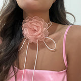 Lianfudai Exaggerated Elegant Big Rose Flower Clavicle Chain Necklace for Women Kpop Sexy Romantic Adjustable Rope Choker Y2K Accessories