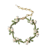 Lianfudai Personality White Floral Leaf Necklace Trendy Alloy Enamel Lily Valley Gold Color Choker Necklace for Women High Quality