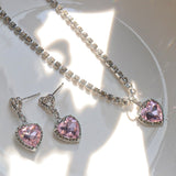 Lianfudai New Women Pink Heart Pendant Necklace Earring Jewelry Set Trend Zircon Clavicle Chain Lover Crystal Anniversary Gifts