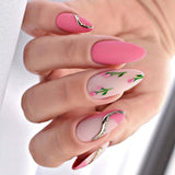 Lianfudai Almond False Nails 24Pcs Press On Nails Color Flower Printed Red and Yellow Autumn Manicure Nail Tips Full Cover Free Shipping