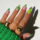 Lianfudai 24Pcs Almond False Nails with Glue Green Stripe Design Fake Nails Long Wearable Press on Nails Acrylic Full Cover Nail Tips