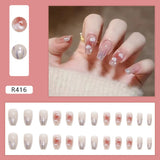 Lianfudai 24pcs Small Fresh White Flowers Decorated Frosted Matte Wearable Fake Nails Suitable Fairy Girl Summer Hand Decoration T