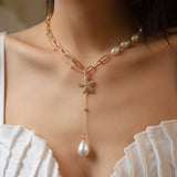 Lianfudai Vintage Baroque Pearl Heart OT Buckle Pendant Necklace for Women Wedding Bridal Bead Chain Neck Accessories Jewelry New