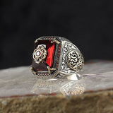 Lianfudai Retro Handmade Turkish Signet Rings for Men Ancient Silver Color Carved Ring Mystic Zircon Inlay New Punk Motor Biker Ring