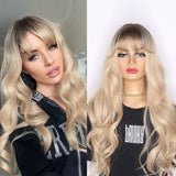 Lianfudai Synthetic Wigs  for Woman with Bangs Long Natural Wave Ombre 613 Color Cosplay/Daily/Party  Heat Resistant Fibre Hair