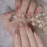 Lianfudai Autumn French False Nails with Butterfly Pearl Decor Bride Fake Nail Wearable Press on Nails Coffin Ballet Nail Tips for Girls