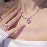 Lianfudai New Women Pink Heart Pendant Necklace Earring Jewelry Set Trend Zircon Clavicle Chain Lover Crystal Anniversary Gifts