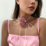 Lianfudai Exaggerated Elegant Big Rose Flower Clavicle Chain Necklace for Women Kpop Sexy Romantic Adjustable Rope Choker Y2K Accessories