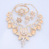 Lianfudai Women's Crystal Dubai Gold Color Imitation Pearl Necklace Earrings Bangle Ring Party Wedding Accessories Jewelry Set