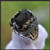 Lianfudai Retro Handmade Turkish Signet Rings for Men Ancient Silver Color Carved Ring Mystic Zircon Inlay New Punk Motor Biker Ring