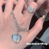 Lianfudai New Women Pink Heart Pendant Necklace Earring Jewelry Set Trend Zircon Clavicle Chain Lover Crystal Anniversary Gifts