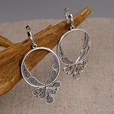 Lianfudai Vintage Simple Flower Earrings  Silver Color  Hoop Earrings for Women