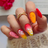 Lianfudai Almond False Nails 24Pcs Press On Nails Color Flower Printed Red and Yellow Autumn Manicure Nail Tips Full Cover Free Shipping