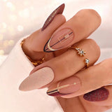 Lianfudai 24Pcs Pink Almond False Nails Shiny Golden Ripples Stiletto Fake Nails Detachable Oval Full Cover Press on Nails Tips Manicure