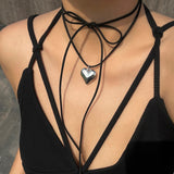 Lianfudai Goth Black Leather Braid Wax Cord Short Chain Necklace for Women Simple Love Heart Pendant Choker Halloween Jewelry Accessories