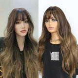 Lianfudai Synthetic Wigs  for Woman with Bangs Long Natural Wave Ombre 613 Color Cosplay/Daily/Party  Heat Resistant Fibre Hair