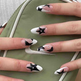 Lianfudai 24Pcs y2k Cool Press on Nails Red Black Five-pointed Star French False Nail Patches Wearable Full Cover Fake Nail tips For Girls