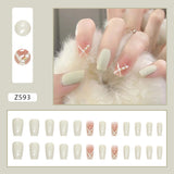 Lianfudai 24pcs Small Fresh White Flowers Decorated Frosted Matte Wearable Fake Nails Suitable Fairy Girl Summer Hand Decoration T